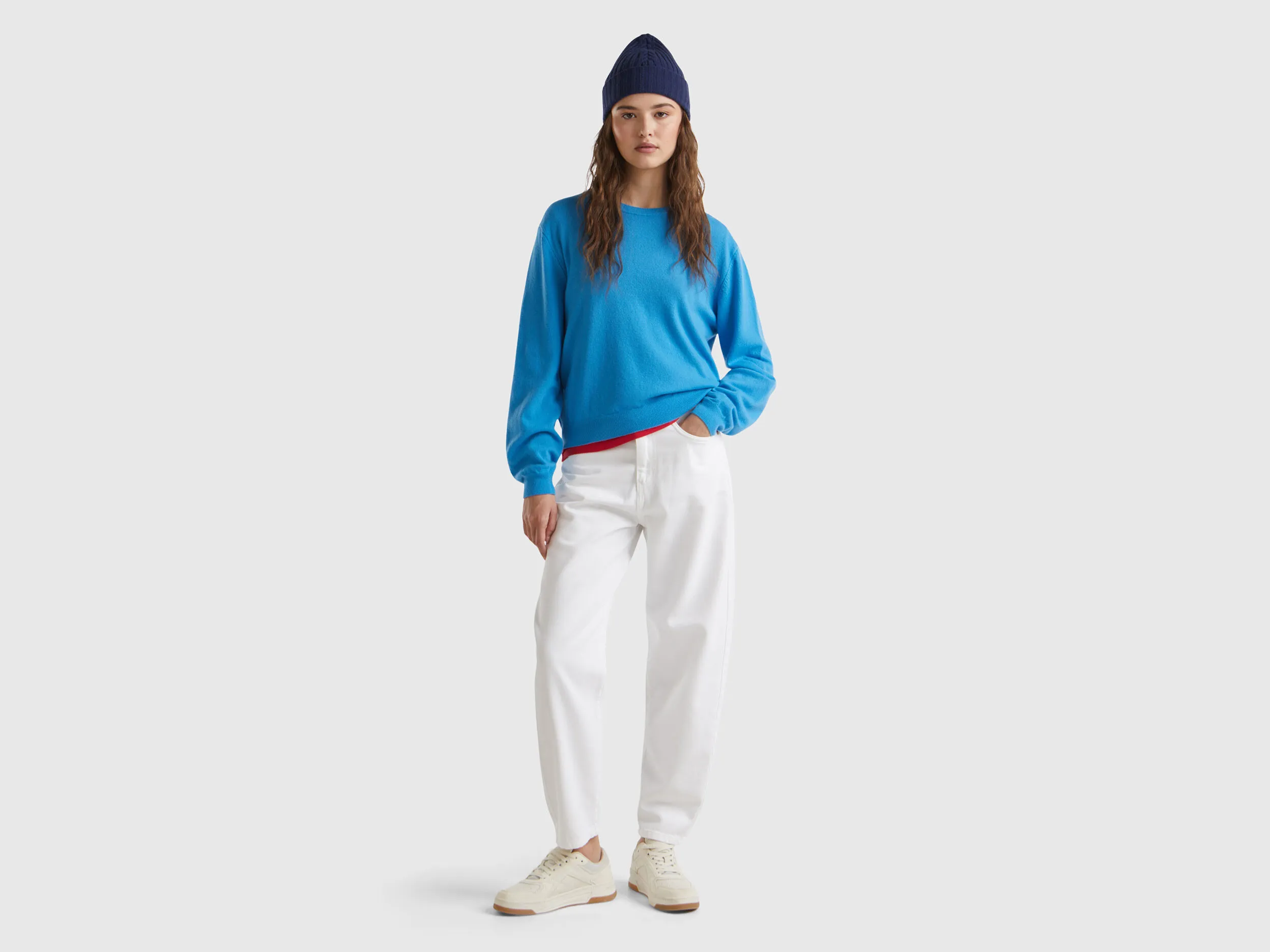 Benetton Light Blue Relax Fit Pure Merino Wool Sweater