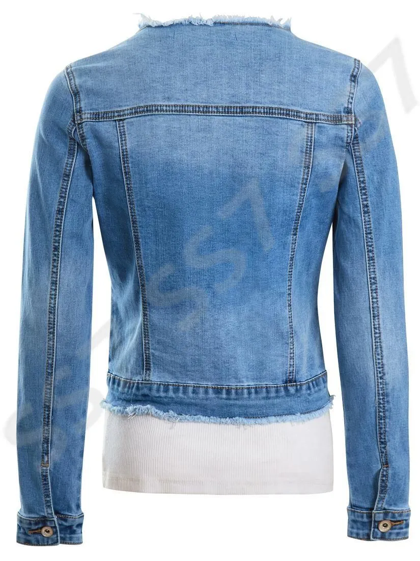 Blue Stretch Fitted Frayed Denim Jacket