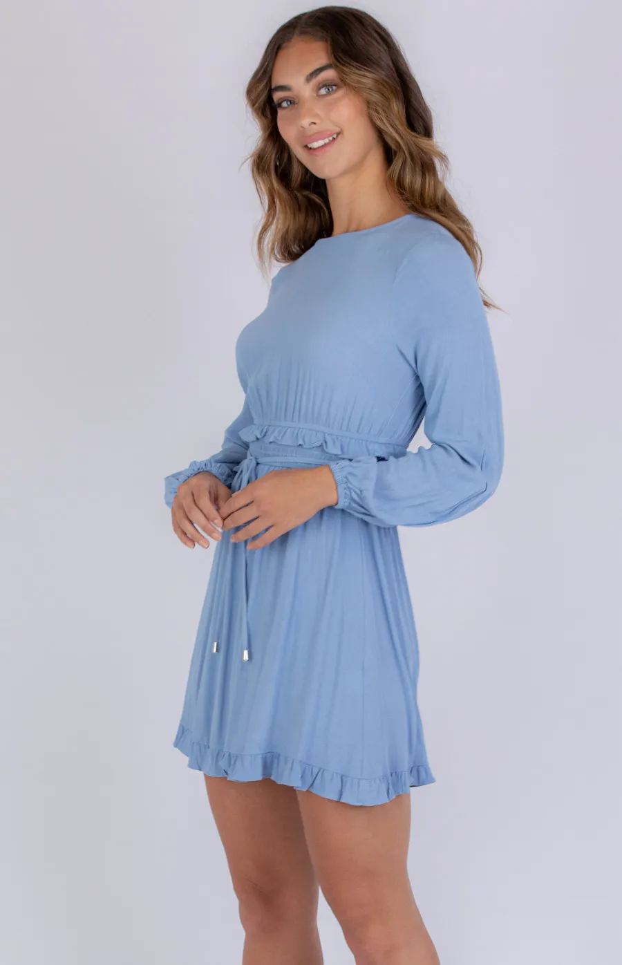 Frill Details Boat Neckline Shirred Waist Dress (ADR1066A)
