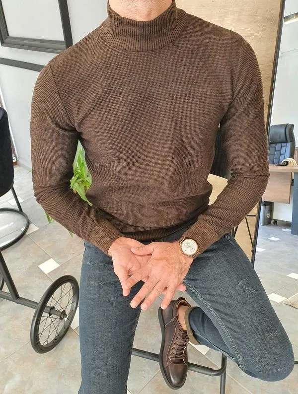 Brown Slim Fit Mock Turtleneck Sweater in Elko