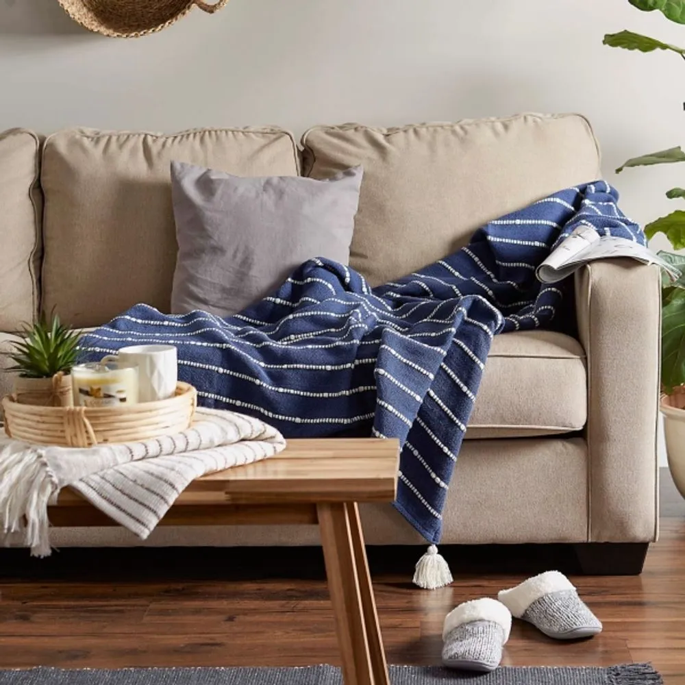 French Blue Slub Stripe Decorative Throw