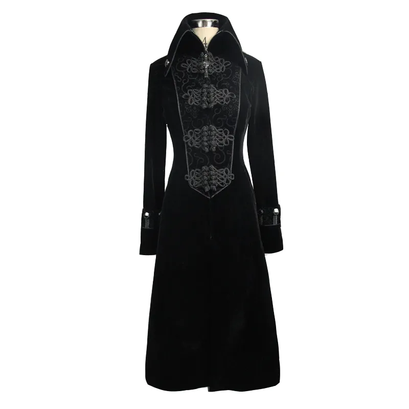 Gothic Style Long Black Coat with Stand-Collar Jacquard for Women