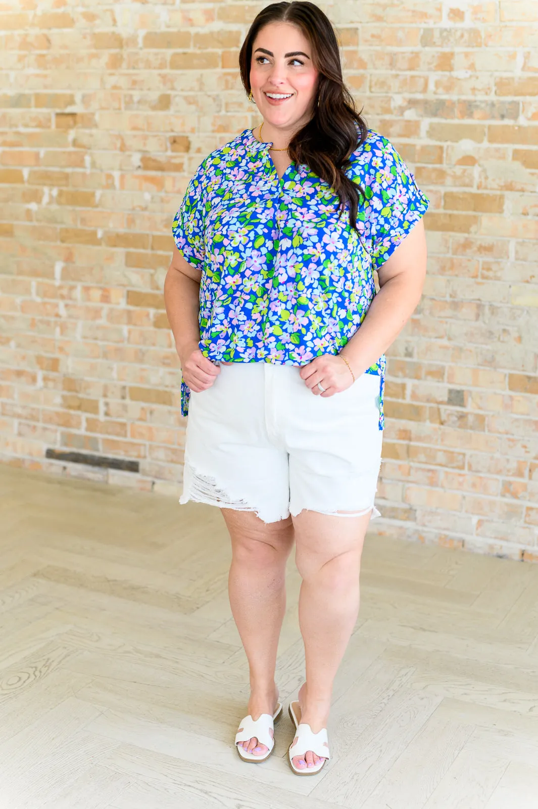 Royal and Pink Wildflower Lizzy Cap Sleeve Top