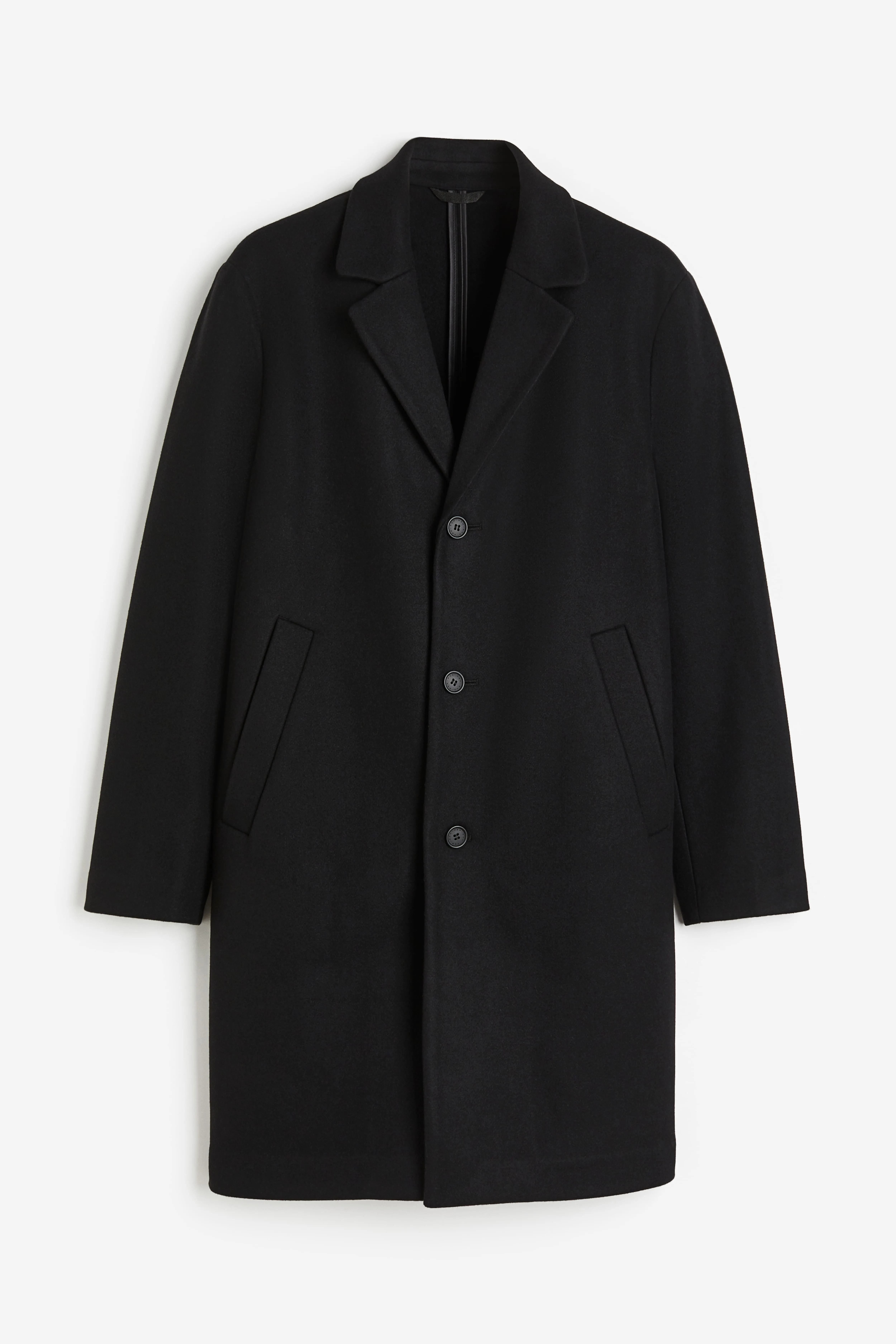 Men's Black Wool-Blend V-Neck Coat with Long Sleeves
