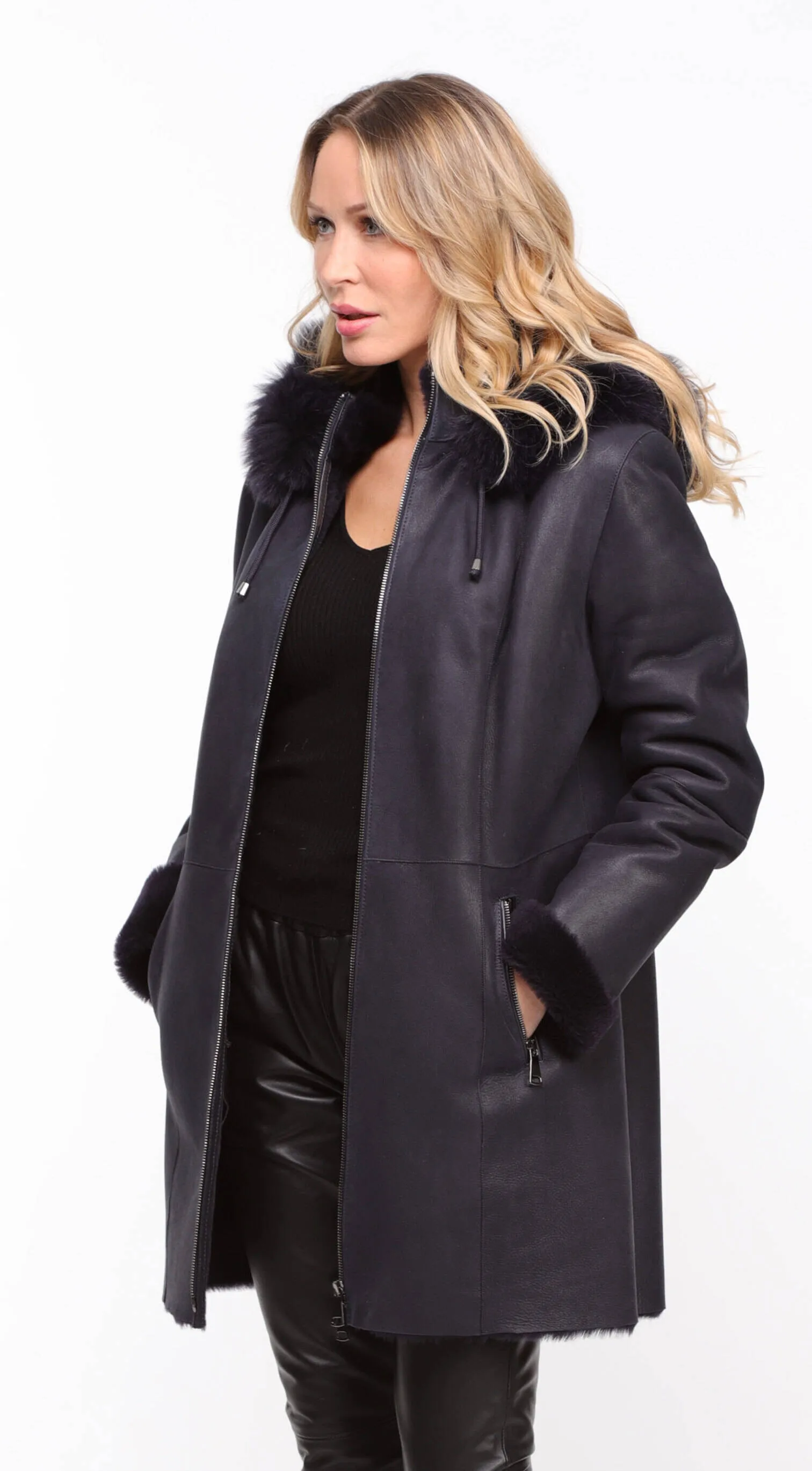 Navy Aurelia Hooded Sheepskin Coat for Women