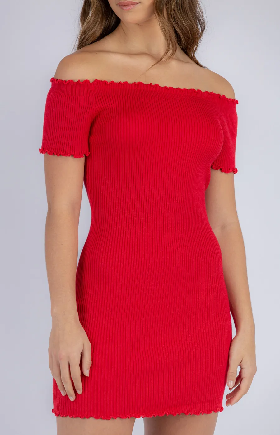 Lettuce Edge Off Shoulder Ribbed Knit Dress (SKN400)