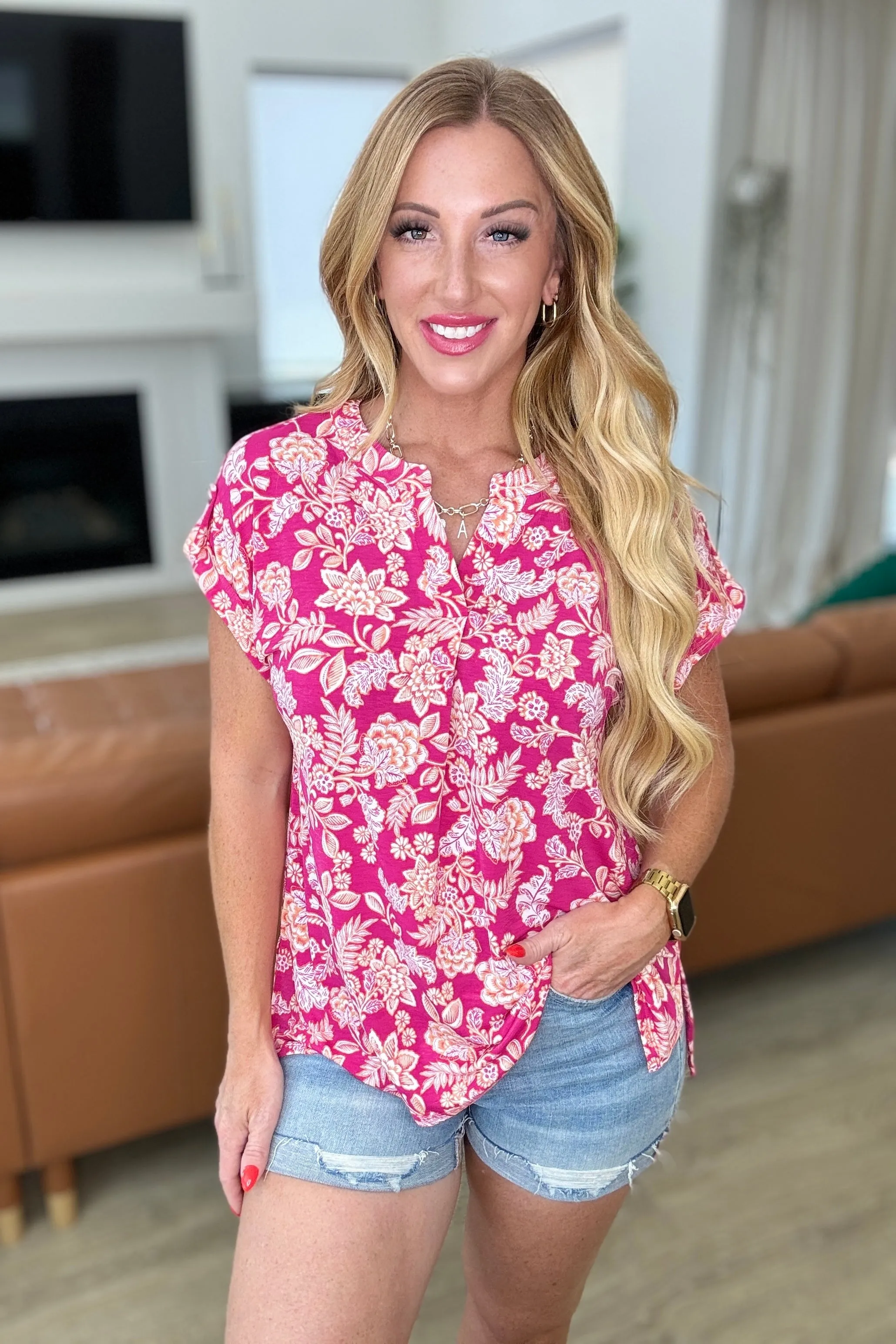 Pink Peach Floral Cap Sleeve Top,