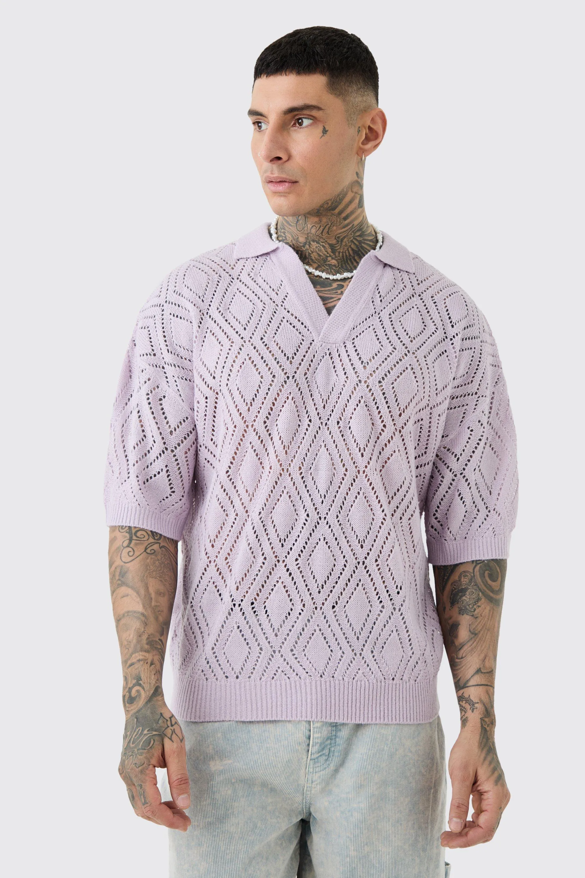 Tall Short Sleeve Boxy Fit Revere Open Knit Polo In Ecru | boohooMAN UK