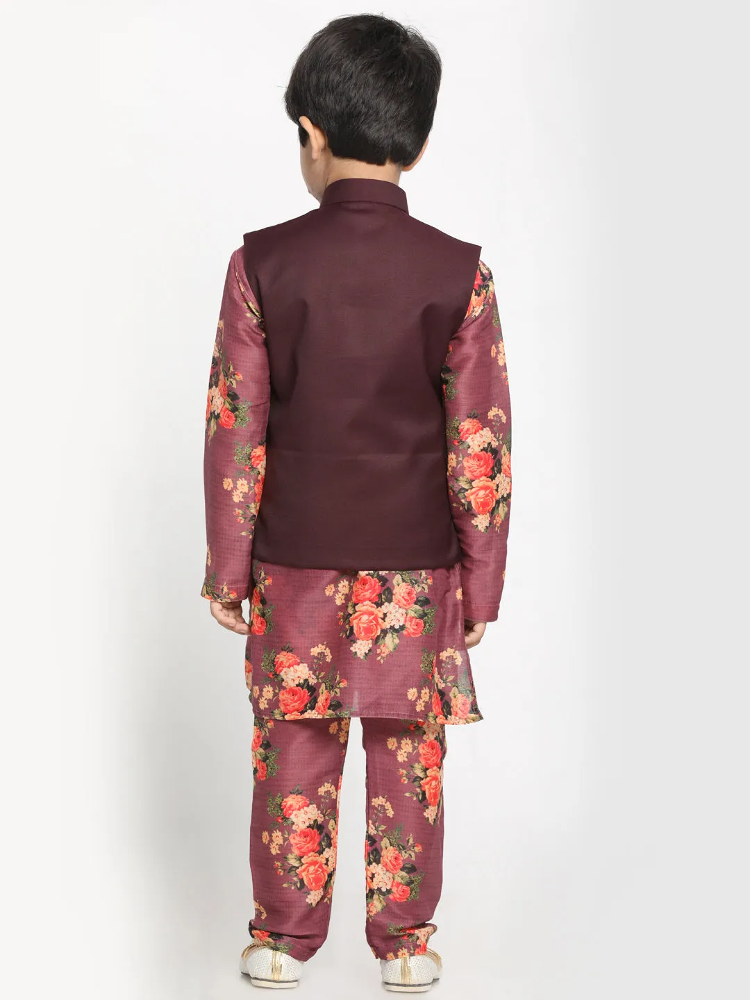 Boys Maroon Twill Jacket, Printed Kurta and Pyjama Set