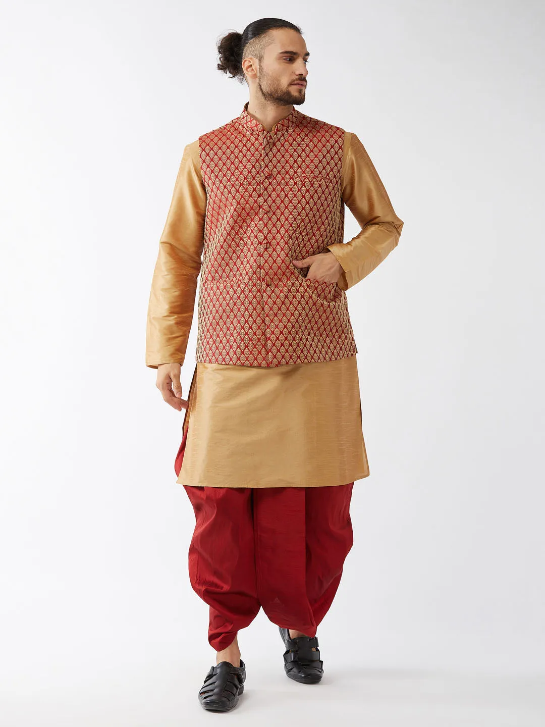 Vastramay Men's Silk Blend Kurta Dhoti Set with Maroon Nehru Jacket - Rose Gold