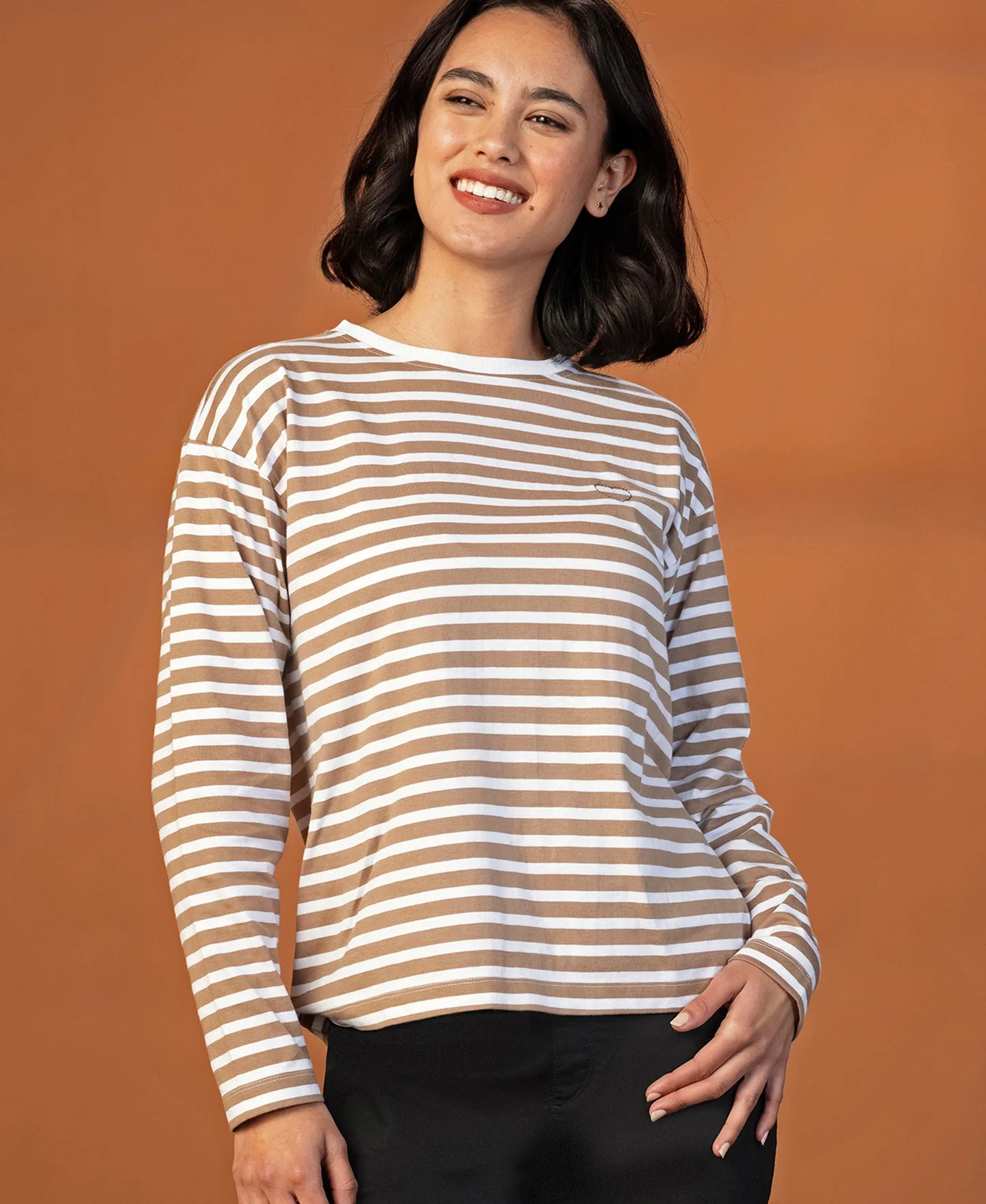 Women's Long Sleeve Stripe Top in Portabella/white Stripe | Postie