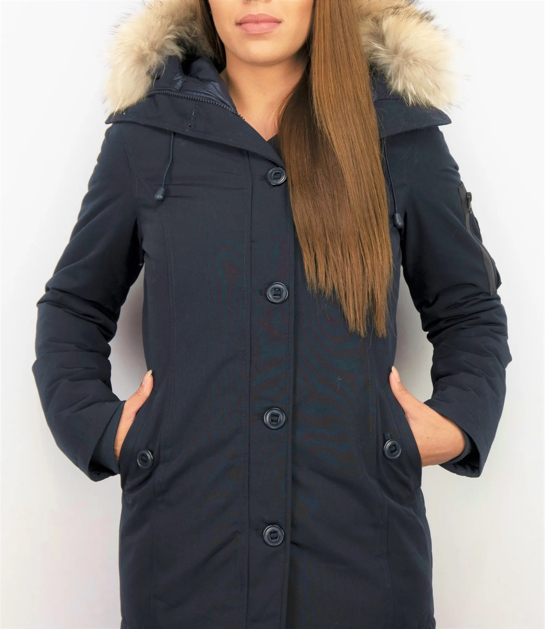 Women's Winter Coat with Fur Collar - Long Parka Stitch Bag - Blue